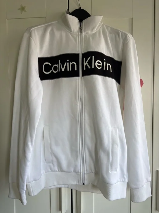 Calvin Klein Men’s White Zip-Up Jacket with Black Logo Panel, Large - Picture 2 of 9